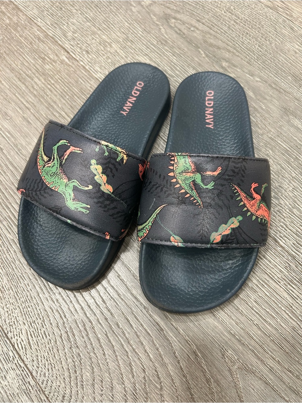 Old Navy Kids Black Slides with Green & Coral Dino Print